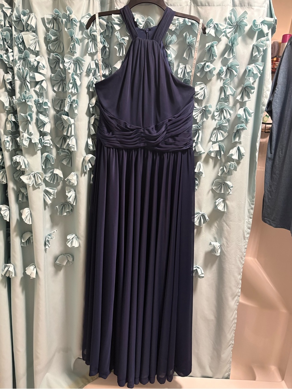 David's Bridal High-Neck Mesh Dress with Full Skirt in Marine